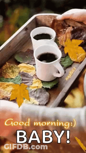 Three Cups Of Coffee On Wooden Tray With Leaves GIF