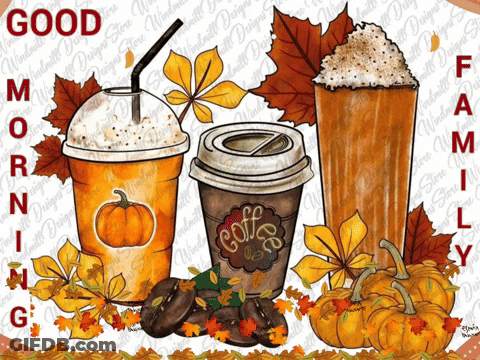 Three Cups Of Coffee With Pumpkins And Leaves And The Words Good Morning GIF