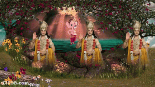 Three Deities In A Field With Flowers GIF