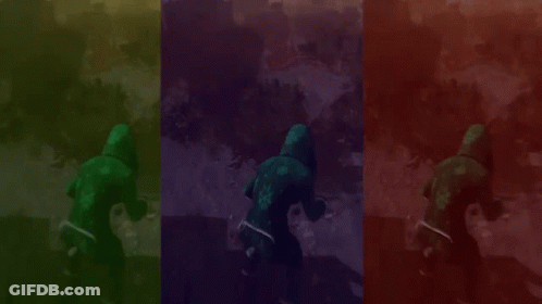 Three Different Colored Backgrounds With A Person In A Green Hoodie In The Middle GIF