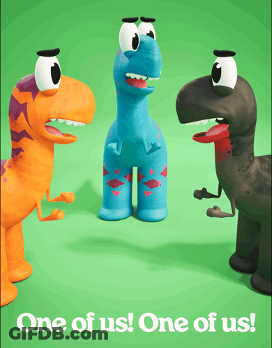 Three Dinosaurs With One Of Us GIF