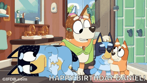 Three Dogs In Bathroom Happy Birthday Daniel GIF