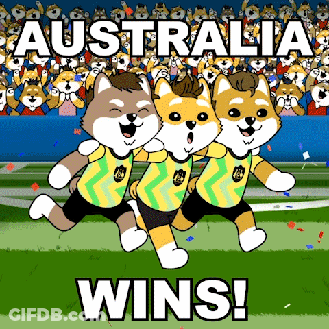 Three Dogs Running On Field Saying Australia Wins GIF