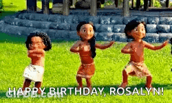 Three Dolls Are Dancing In The Grass With The Words `` Happy Birthday , Rosalyn '' . GIF