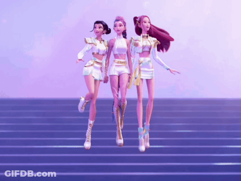 Three Dolls On Stairs With Purple Background GIF