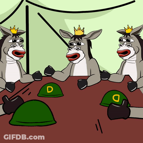Three Donkeys With Crowns On Their Heads Are Sitting At A Table With Green Helmets With The Letter D On Them GIF