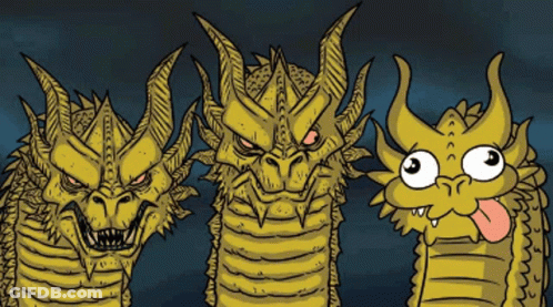 Three Dragons Are Standing Next To Each Other And One Of Them Is Sticking Its Tongue Out GIF