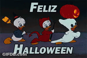 Three Ducks Dressed For Halloween Saying Feliz Halloween GIF