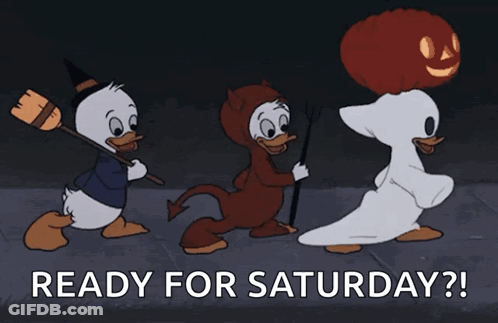 Three Ducks In Halloween Costumes Ready For Saturday GIF