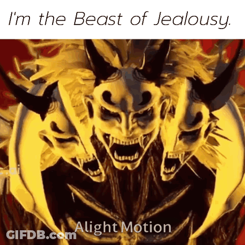 Three-Faced Horned Monster Saying I'm The Beast Of Jealousy GIF