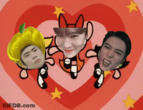 Three Faces Are On A Red Heart Background GIF