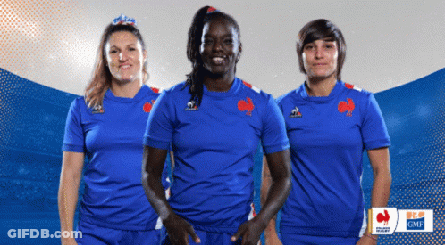 Three Female Athletes Wearing Blue Jerseys With The Gmf Logo On The Bottom GIF