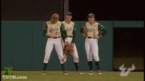 Three Female Baseball Players For The Bulls Standing On Field GIF