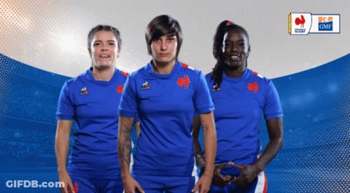 Three Female Rugby Players Are Posing For A Photo With A France Rugby Logo Behind Them GIF