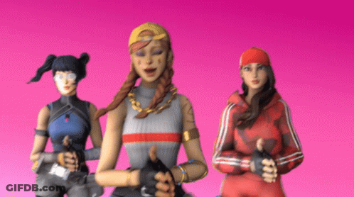 Three Female Video Game Characters Are Standing Next To Each Other On A Pink Background . GIF