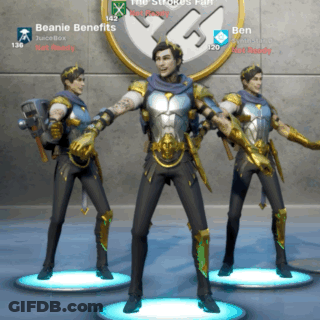Three Figures Are Standing In Front Of A Sign That Says The Stroke 'S Fan GIF