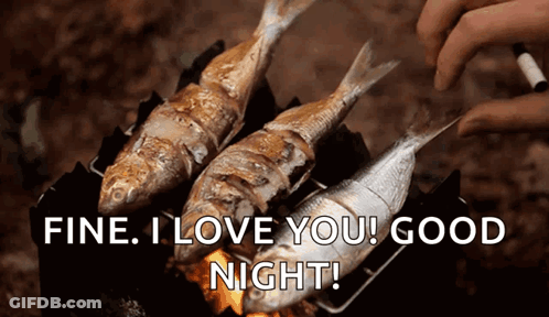 Three Fish Are Cooking On A Grill With The Words Fine I Love You Good Night Written Below Them GIF