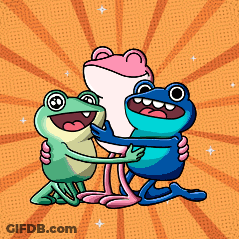 Three Frogs Are Hugging Each Other And Smiling On An Orange Background GIF