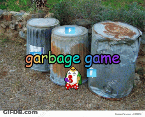 Three Garbage Cans With Clown Saying Garbage Game GIF