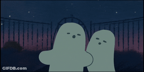 Three Ghosts Standing In Front Of Fence GIF