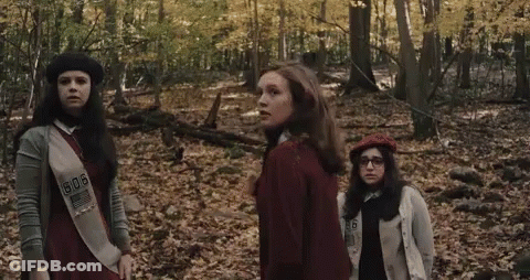 Three Girl Scouts In Woods With Number 506 On Sash GIF