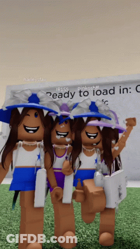 Three Girls Are Standing In Front Of A Sign That Says Ready To Load In C GIF