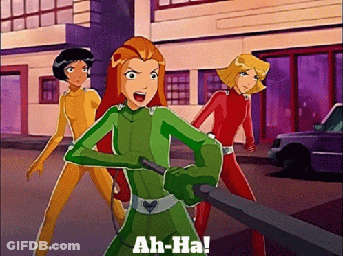 Three Girls From Totally Spies Are Standing Next To Each Other And One Of Them Is Holding A Knife And Says Ah-Ha GIF