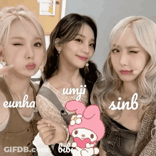 Three Girls Posing With Pink Hello Kitty GIF