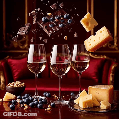 Three Glasses Of Wine Are Surrounded By Cheese And Chocolate GIF