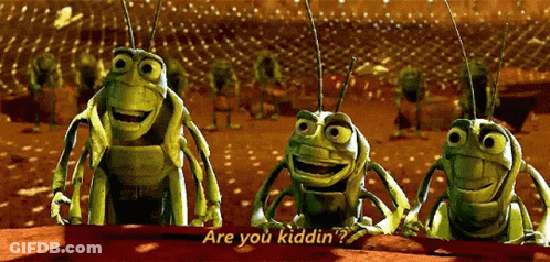Three Grasshoppers From The Movie A Bug 'S Life Are Standing Next To Each Other . GIF