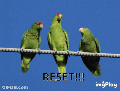 Three Green Birds On Wire Saying Reset GIF