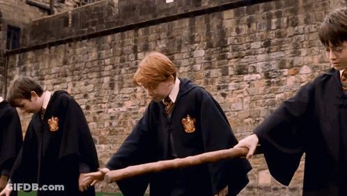 Three Harry Potter Characters Are Holding A Large Stick GIF
