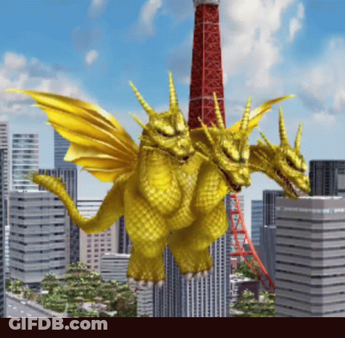 Three-Headed Dragon Flying Over City GIF