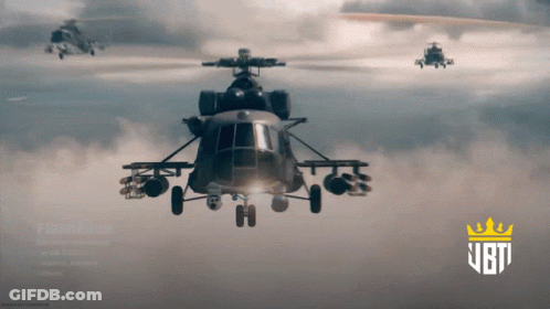 Three Helicopters Are Flying In The Sky With A Ubti Logo In The Corner GIF