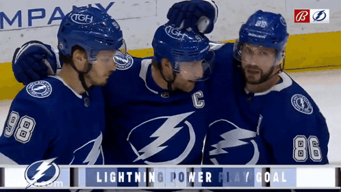 Three Hockey Players Hugging Lightning Power Play Goal GIF