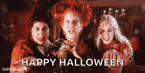 Three Hocus Pocus Witches Standing With Happy Halloween GIF