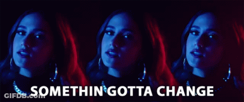 Three Images Of A Woman 'S Face With The Words Somethin Gotta Change Above Them GIF