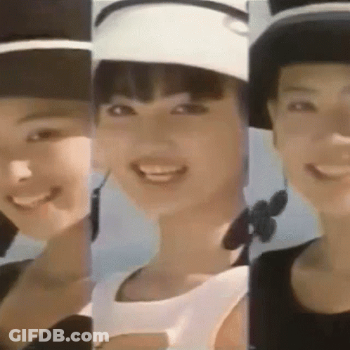 Three Images Of A Woman Wearing A Hat GIF