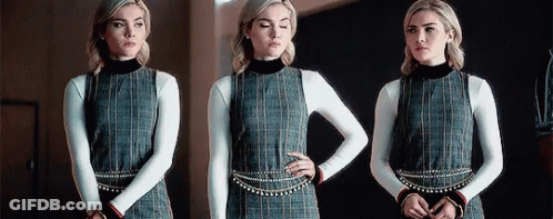 Three Images Of Woman In Plaid Dress GIF