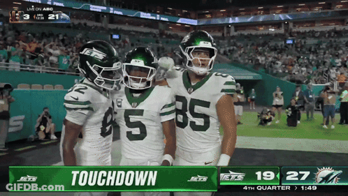 Three Jets Football Players Celebrate Touchdown GIF