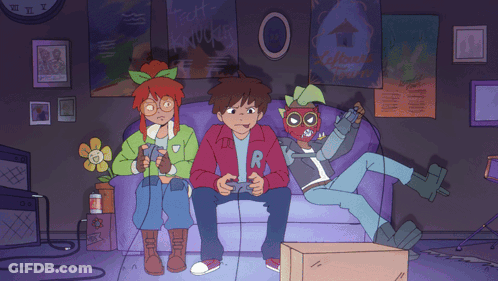 Three Kids Playing Video Game With Letter R On Jacket GIF