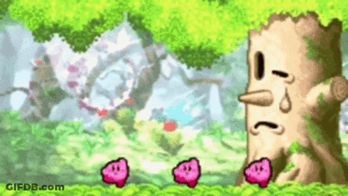 Three Kirbys Are Standing Next To A Tree In A Game . GIF