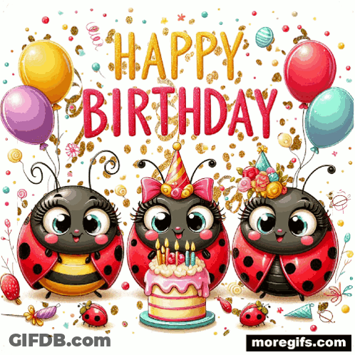Three Ladybugs Celebrate Birthday With Cake And Balloons GIF