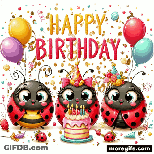 Three Ladybugs Celebrate Birthday With Cake And Balloons GIF