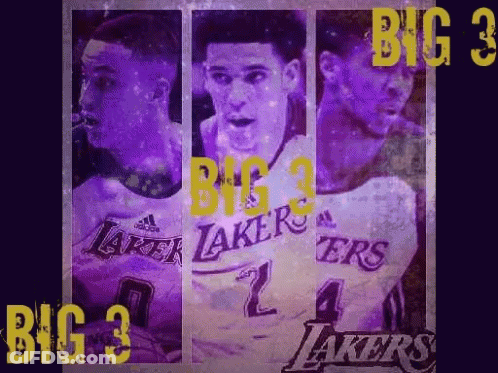 Three Lakers Basketball Players On Purple And Yellow Background GIF
