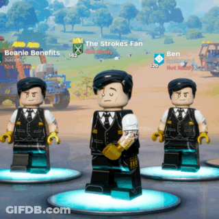 Three Lego Figures Are Standing Next To Each Other In Front Of A Screen That Says Beanie Benefits And The Strokes Fan GIF