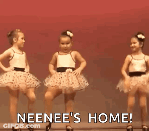 Three Little Girls Are Dancing On A Stage And The Words Neenee 'S Home Are Written On The Bottom GIF