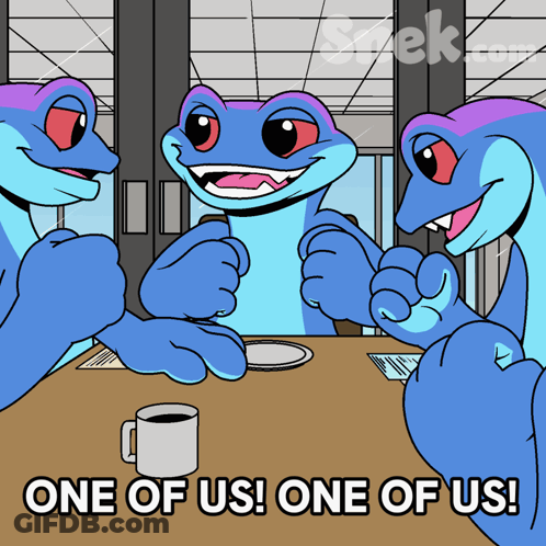 Three Lizards Saying One Of Us GIF