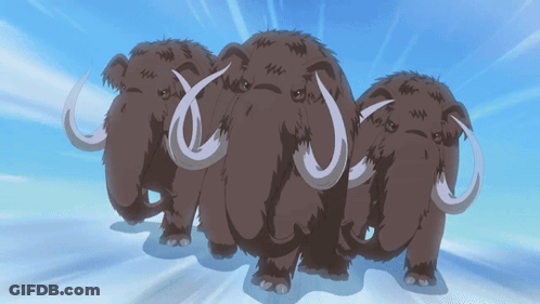 Three Mammoths Are Walking In A Line With Their Tusks Pointing In Opposite Directions GIF