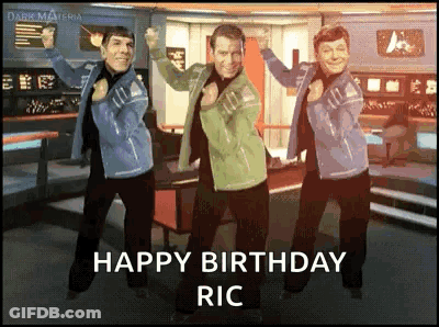 Three Men Are Dancing In A Room And The Words Happy Birthday Ric Are On The Bottom GIF